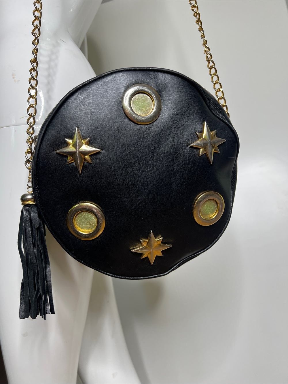 Escada Vintage Round Black Leather Bag Goldtone Hardware Studs Grommets Tassle - Picture 2 of 9